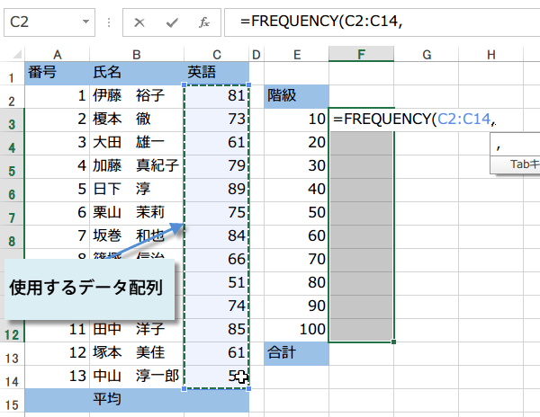FREQUENCY関数の使い方2